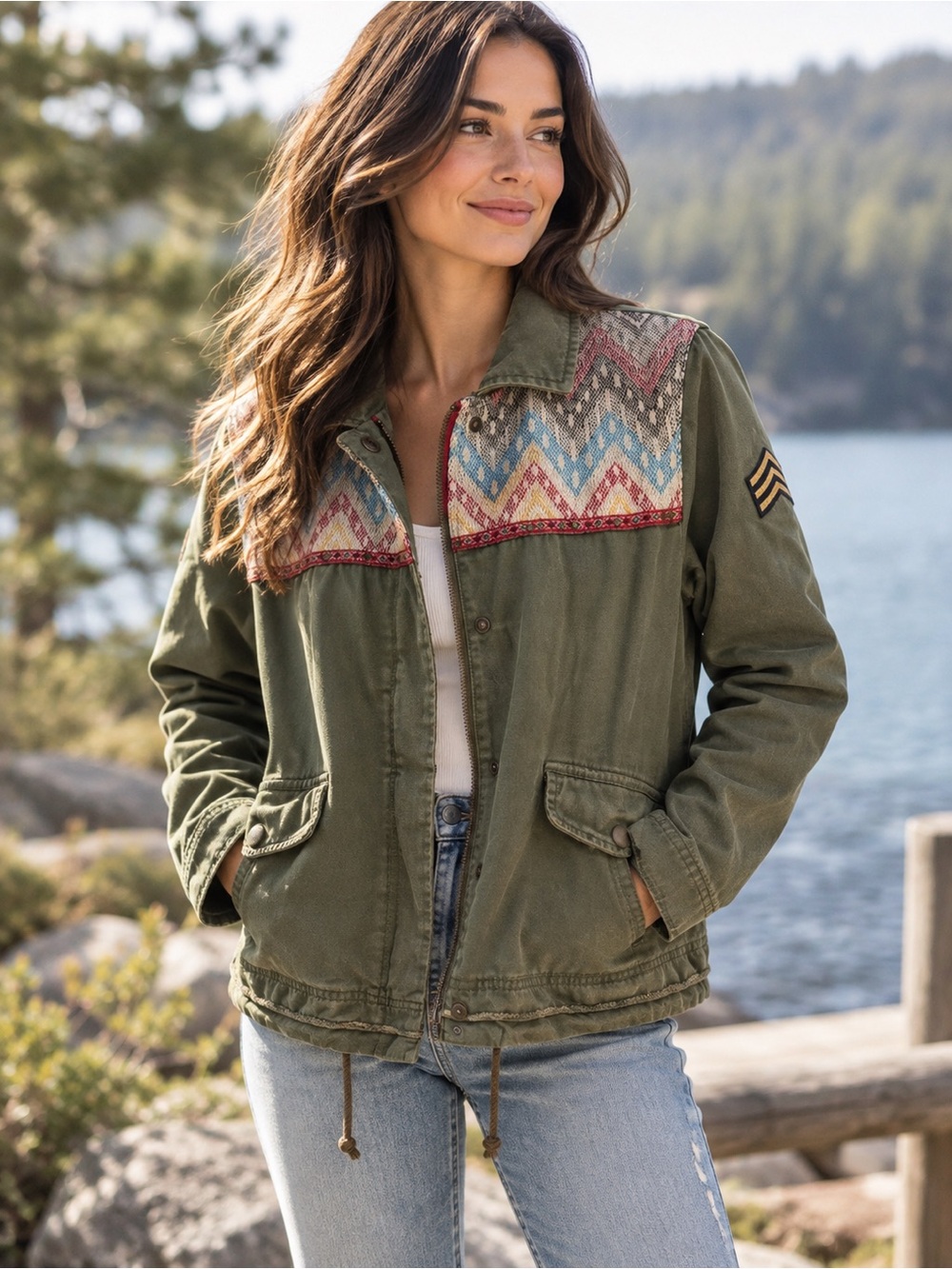 Olive Utility Jacket with Multicolor Embroidered Yoke
